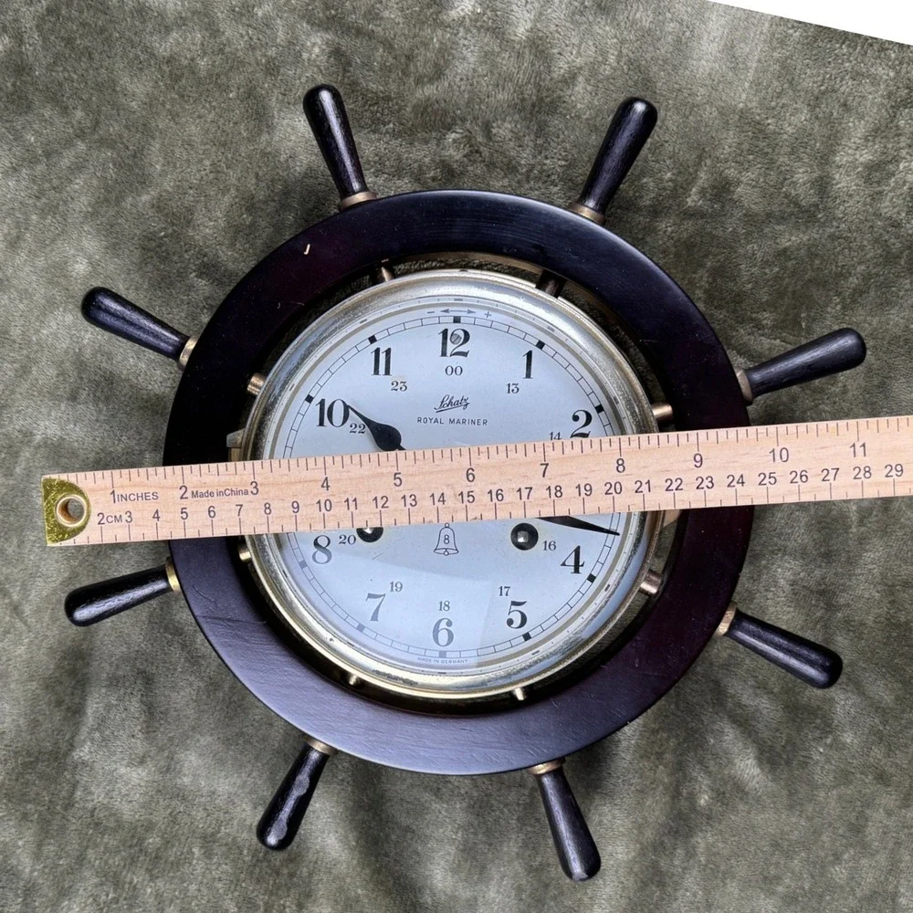 Vintage Schatz Royal Mariner Ships Wheel Clock West Germany Brass Wood Nautical